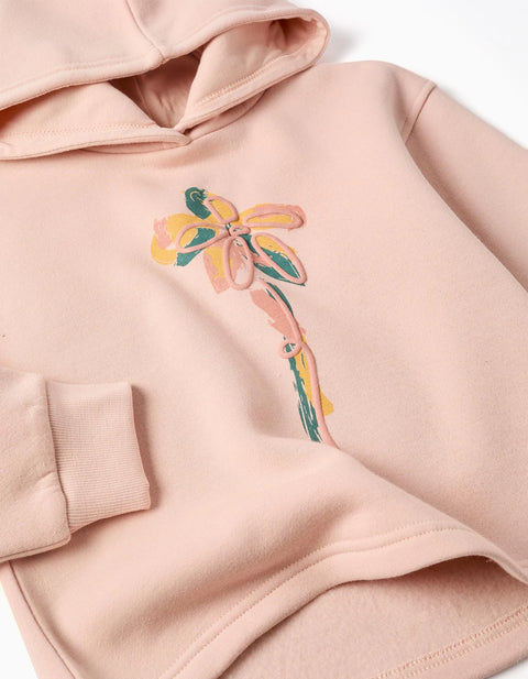 Brushed Hooded Sweatshirt with Floral Print for Girls, Light Pink