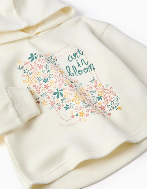 Brushed Hooded Sweatshirt with Floral Print for Girls, White
