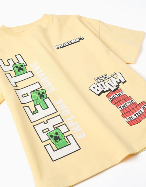 Cotton T-Shirt with Minecraft Prints for Boys, Yellow