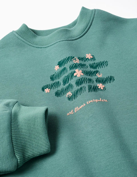 Brushed Sweatshirt with Art and Nature Motif for Girls, Blue-Green