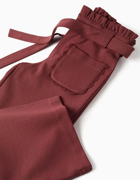Wide Leg Roma Knit Trousers with Belt for Girls, Brown