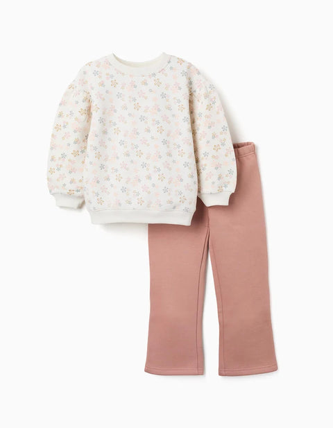 Brushed Jogging Set with Floral Print for Girls, White/Pink