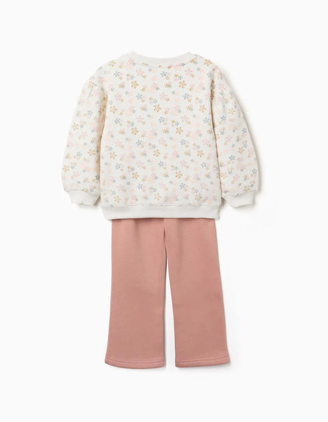 Brushed Jogging Set with Floral Print for Girls, White/Pink