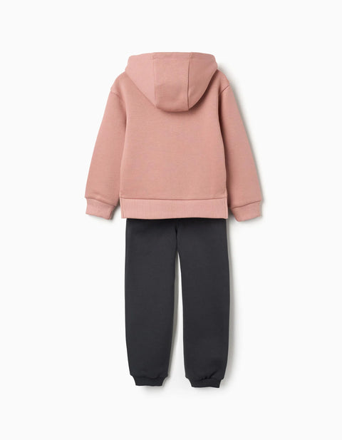 Brushed Jogging Set with Flower Print for Girls, Pink/Dark Grey