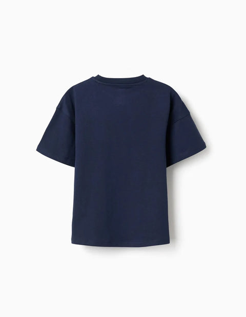 Cotton T-Shirt with Super Mario Print for Boys, Navy Blue