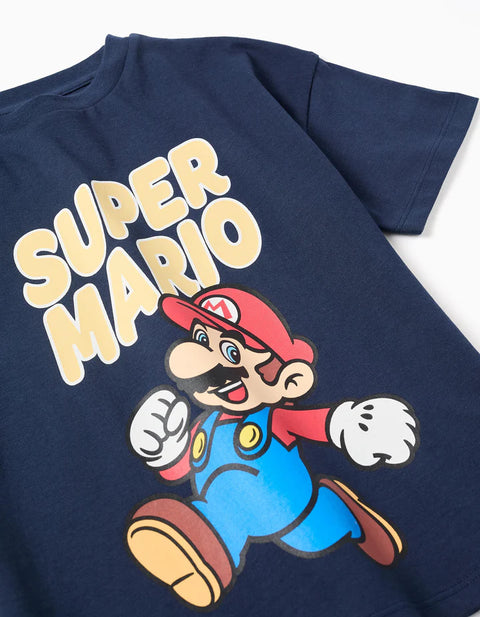 Cotton T-Shirt with Super Mario Print for Boys, Navy Blue