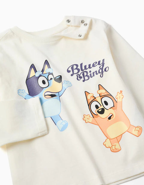 Long Sleeve Cotton T-Shirt Bluey for Babies and Children, White