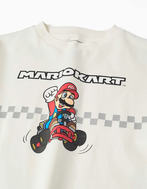 Cotton T-Shirt with Mario Kart Print for Boys, White
