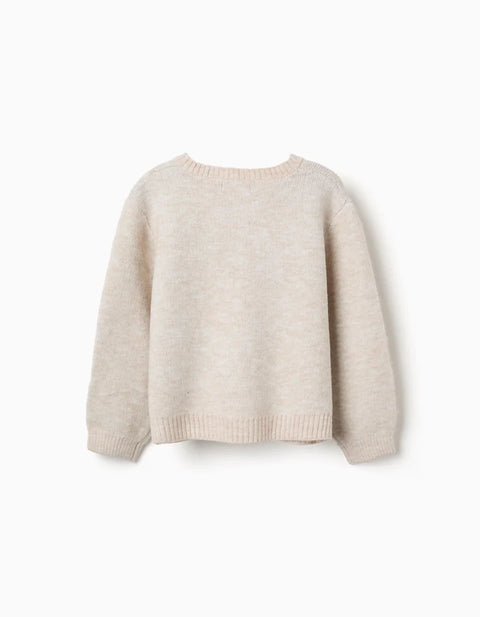 Knitted Cardigan with Jacquard Bows and Dots for Girls, Light Beige