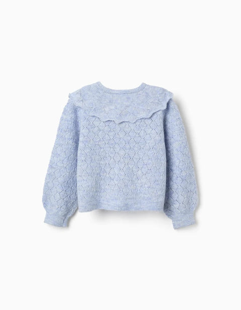 Openwork Knit Cardigan with Maxi Collar for Girls, Light Blue