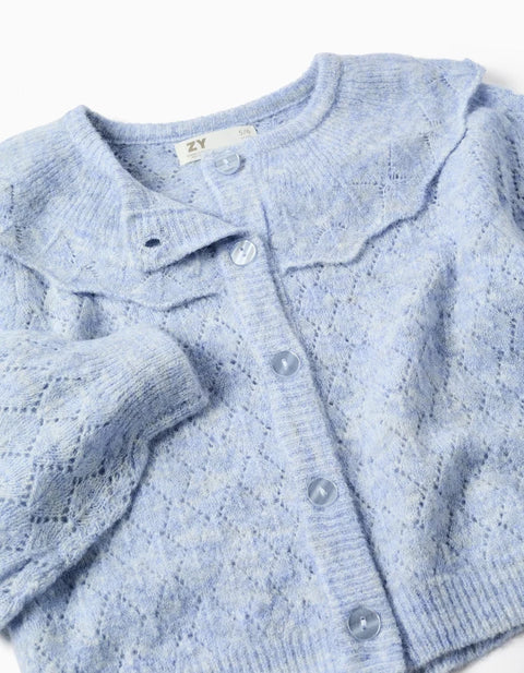 Openwork Knit Cardigan with Maxi Collar for Girls, Light Blue