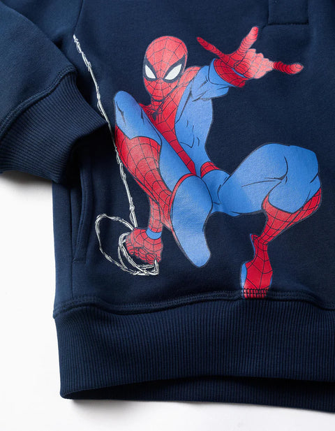 Hooded Brushed Sweatshirt with Spider-Man Print for Boys, Navy Blue