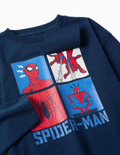 Long Sleeve Cotton T-Shirt with Spider-Man Print for Boys, Navy Blue