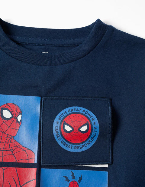 Long Sleeve Cotton T-Shirt with Spider-Man Print for Boys, Navy Blue