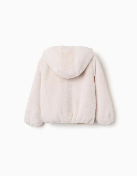 Hooded Plush Jacket with Pockets for Girls, Light Beige