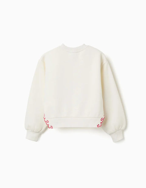 Brushed Sweatshirt with Embroidered Flower for Girls, White