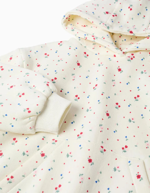 Brushed Hooded Sweatshirt with Floral Pattern for Girls, White