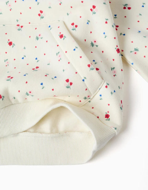 Brushed Hooded Sweatshirt with Floral Pattern for Girls, White