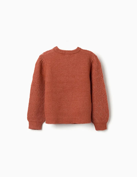 Openwork Knit Jumper with Puffy Sleeves for Girls, Terracotta