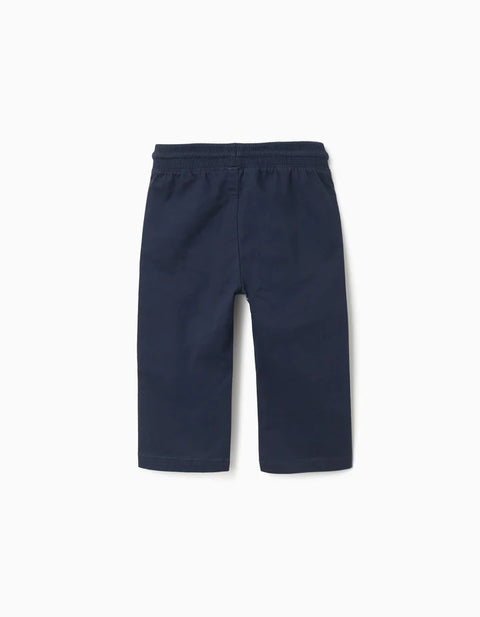 Slim Fit Twill Trousers with Drawstring for Baby Boys, Navy Blue