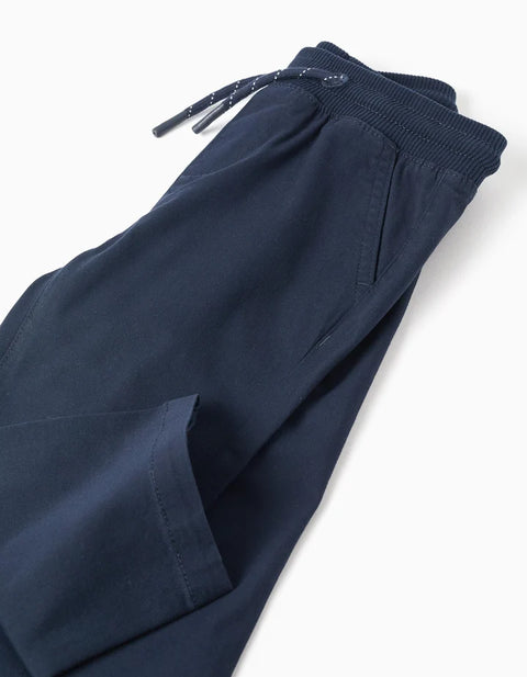 Slim Fit Twill Trousers with Drawstring for Baby Boys, Navy Blue