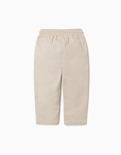 Slim Fit Twill Trousers with Drawstring for Baby Boys, Light Beige