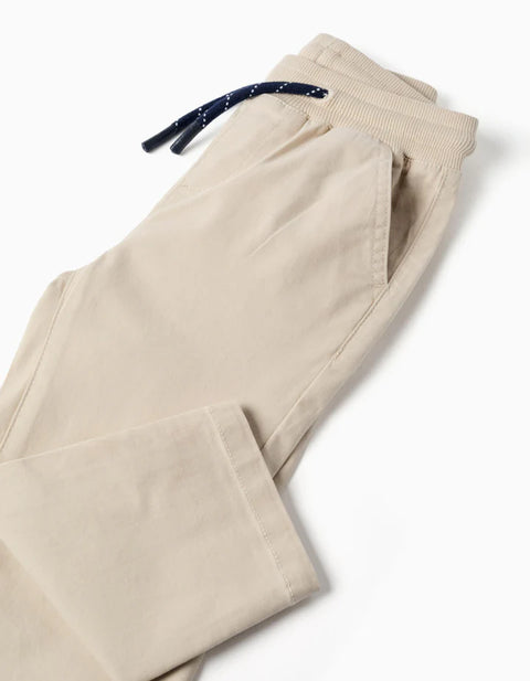 Slim Fit Twill Trousers with Drawstring for Baby Boys, Light Beige