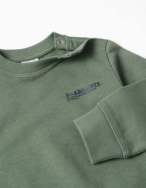 Cotton Sweatshirt with ZY Print for Baby Boys, Dark Green