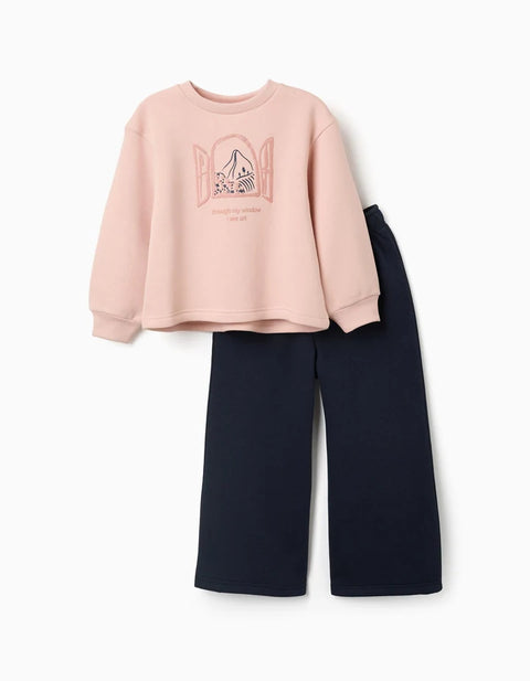 Brushed Jogging Set with Art Print for Girls, Light Pink/Navy Blue