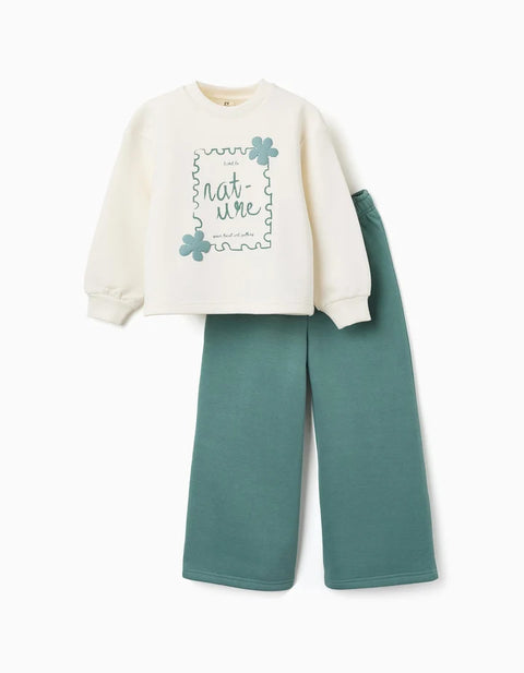 Brushed Jogging Set with Art Print for Girls, White/Green