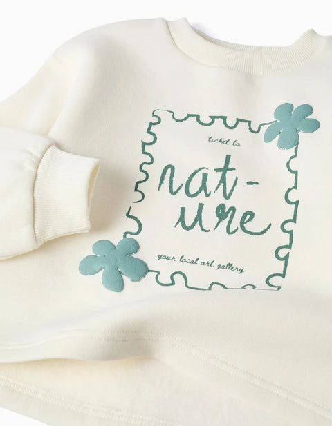 Brushed Jogging Set with Art Print for Girls, White/Green