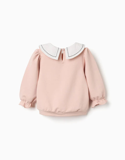 Cotton Sweatshirt with Embroidered Collar for Baby Girls, Light Pink