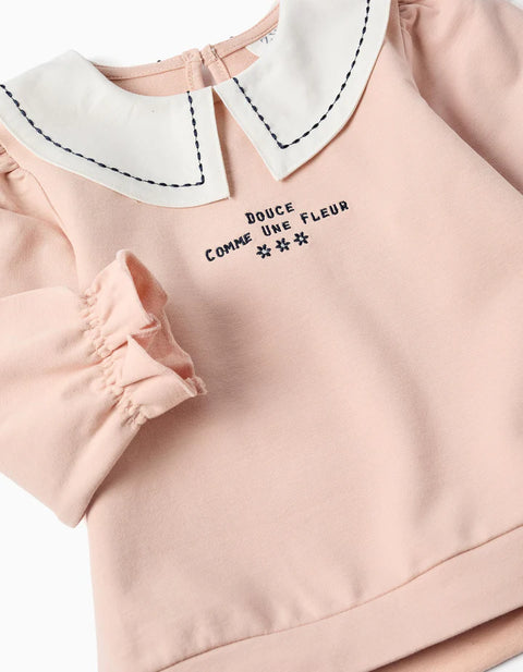 Cotton Sweatshirt with Embroidered Collar for Baby Girls, Light Pink