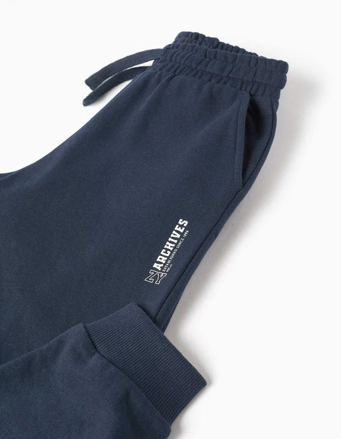 Slim Fleece Joggers with Pockets and ZY Print for Boys, Navy Blue