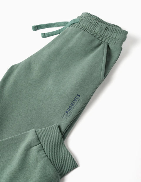 Slim Fleece Joggers with Pockets and ZY Print for Boys, Dark Green