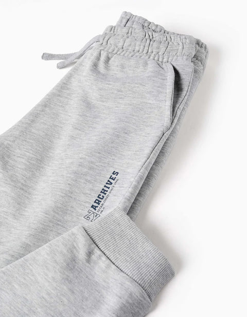 Slim Fleece Joggers with Pockets and ZY Print for Boys, Light Grey