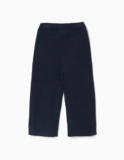 Wide Leg Ribbed Knit Trousers for Baby Girls, Navy Blue