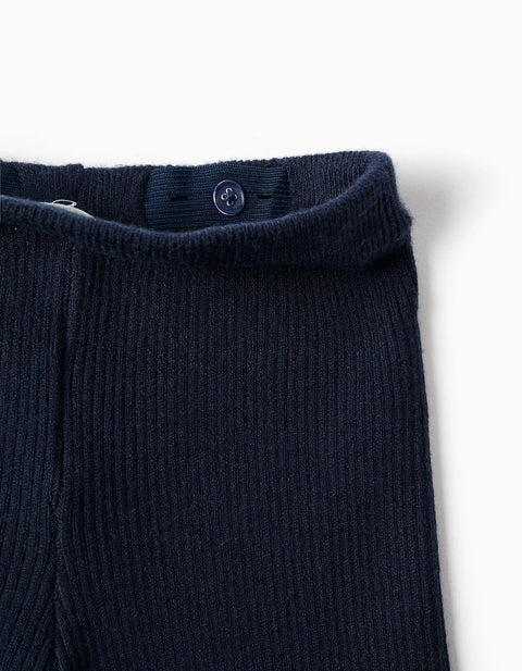 Wide Leg Ribbed Knit Trousers for Baby Girls, Navy Blue