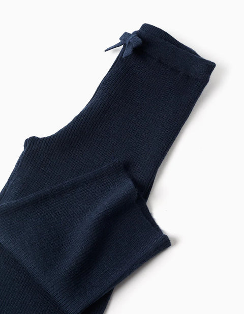 Wide Leg Ribbed Knit Trousers for Baby Girls, Navy Blue