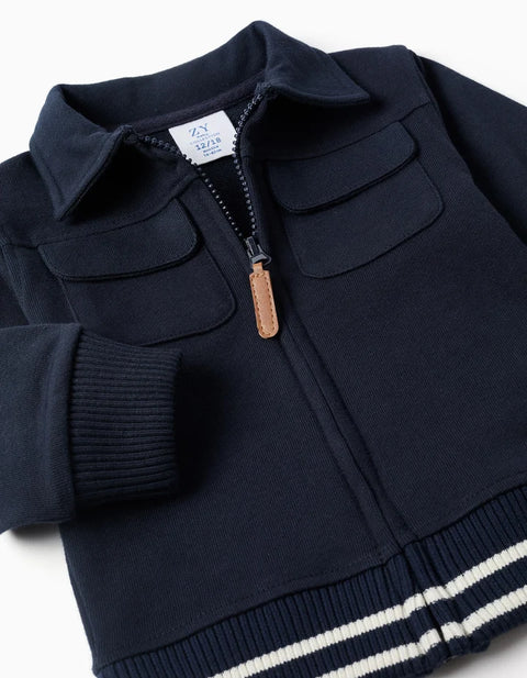Cotton Jacket with Chest Pockets for Baby Boys, Navy Blue/White