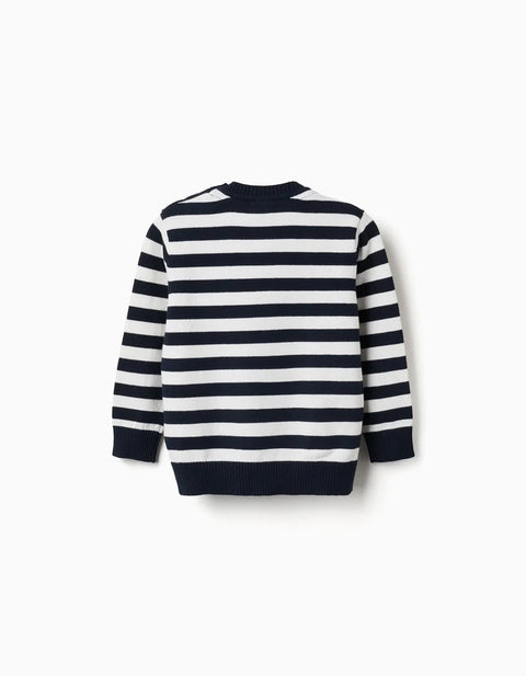 Striped Knitted Jumper for Baby Boys, White/Navy Blue