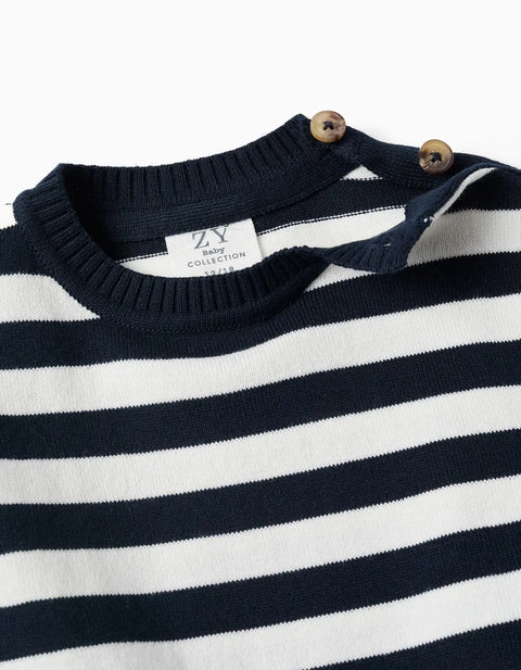 Striped Knitted Jumper for Baby Boys, White/Navy Blue