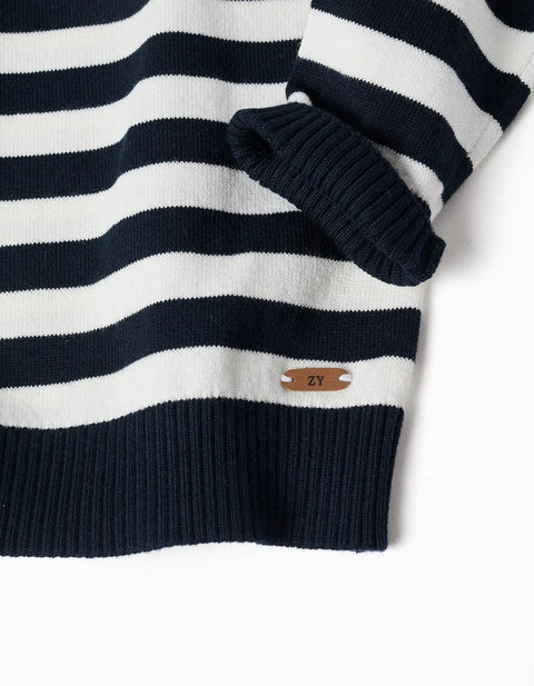 Striped Knitted Jumper for Baby Boys, White/Navy Blue