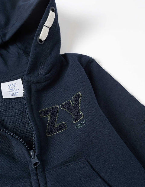 Hooded Jacket with ZY Bouclé Embroidery for Baby Boys, Navy Blue