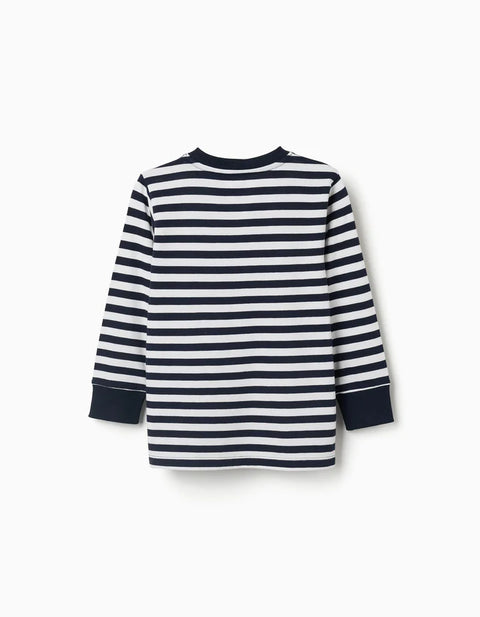 Long Sleeve Cotton T-Shirt with Stripes for Boys, Navy Blue/White