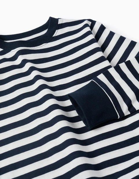 Long Sleeve Cotton T-Shirt with Stripes for Boys, Navy Blue/White