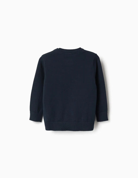 Knitted Jumper with Buttons on the Shoulder for Baby Boys, Navy Blue