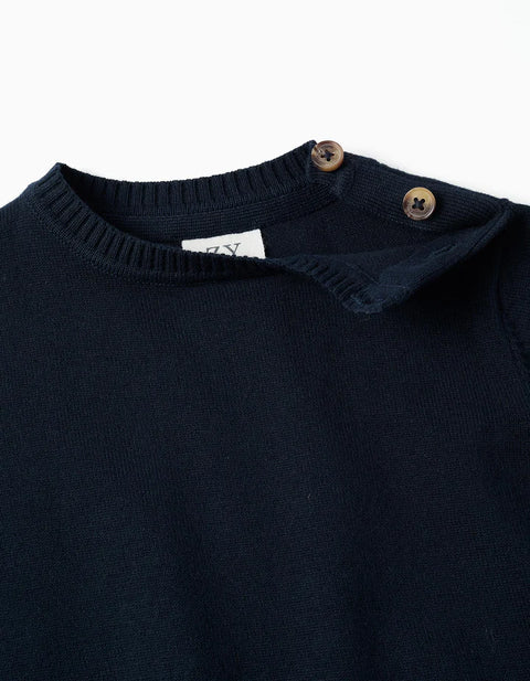 Knitted Jumper with Buttons on the Shoulder for Baby Boys, Navy Blue