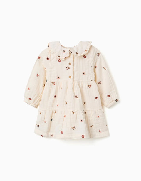 Long Sleeve Cotton Dress with Floral Embroidery for Baby Girls, White