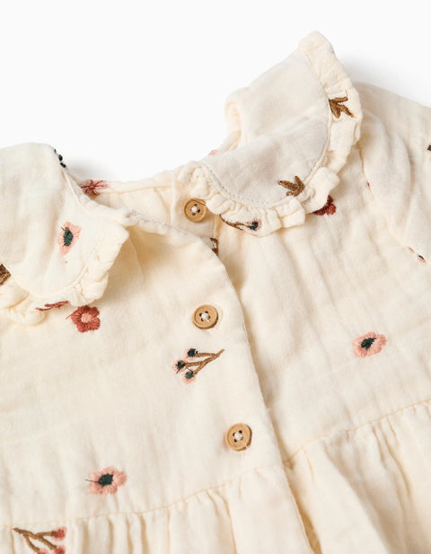 Long Sleeve Cotton Dress with Floral Embroidery for Baby Girls, White